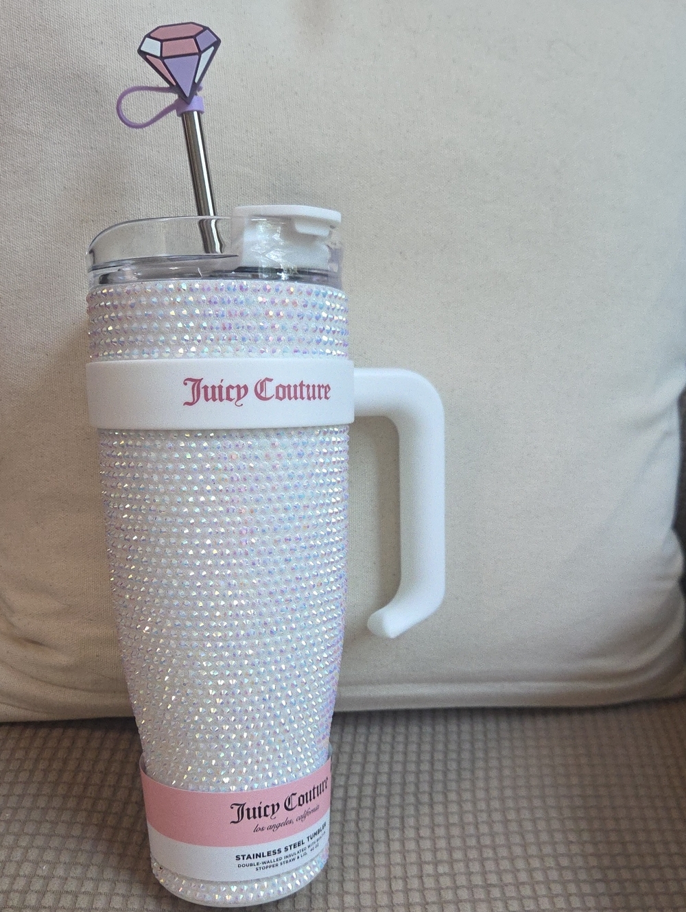 NWT Juicy Couture Iridescent Crystal Hot/Cold 40 oz. Cup with White Handle